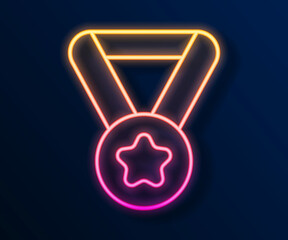 Glowing neon line Medal icon isolated on black background. Winner symbol. Vector