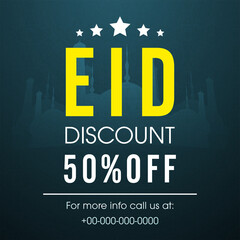 Eid Sale Poster Design With 50% Discount Offer, Stars On Teal Silhouette Mosque Background.