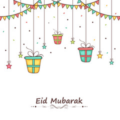 Eid Mubarak Greeting Card Decorated With Flat Gift Boxes, Stars Hang And Bunting Flags On White Confetti Background.