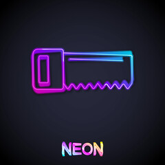 Glowing neon line Hand saw icon isolated on black background. Vector