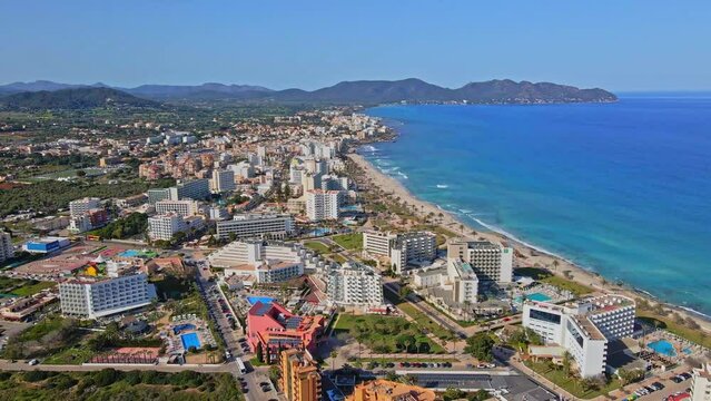 Aerial View of Cala Millor & Cala Bona Beach and Town in Mallorca, Spain. A popular tourist destination