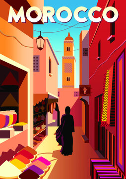 Old town street market in Morocco with traditional houses and mosque in the background. Handmade drawing vector illustration. Retro style poster.