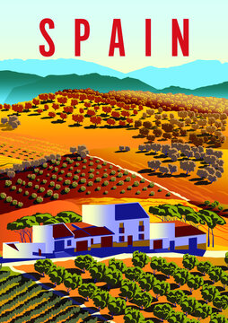 Spain rural landscape with ranch, vineyards, olive groves, fields and hills in the background. Handmade drawing vector illustration. Poster in the Art Deco style.
