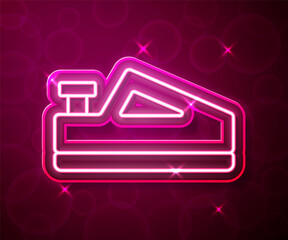 Glowing neon line Wood plane tool for woodworker hand crafted icon isolated on red background. Jointer plane. Vector