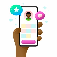 Smartphone mockup in human hand. Images and video on the profile screen. Vector colorful social media illustration. Instagram, Whatsapp, Skype