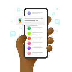 Smartphone mockup in human hand. Chat communications. Messaging. Vector colorful social media illustration. Instagram, Whatsapp, Skype