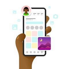 Smartphone mockup in human hand. App dashboard. Profile main screen. Vector colorful social media illustration. Instagram, Whatsapp, Skype
