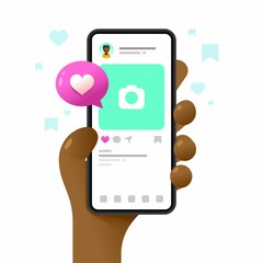 Smartphone mockup in human hand. Post in application. Vector colorful social media illustration. Instagram, Whatsapp, Skype