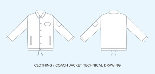 Coach jacket technical drawing template. Fashion streetwear editable vector, line art. Black and white clothing schematics.