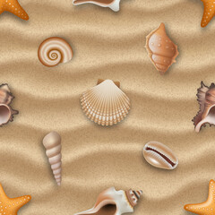 Seamless pattern with shells on sand background. seamless summer texture