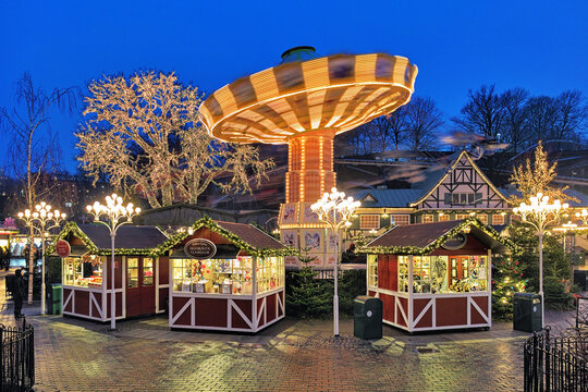Christmas Market with Carousel in the Liseberg amusement park in Gothenburg, Sweden. Liseberg is one of the most visited amusement parks in Scandinavia and the most famous Christmas Market of Sweden.