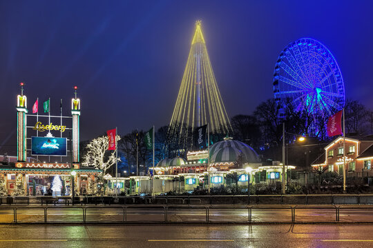 Main entrance of Liseberg park with Christmas decoration in Gothenburg, Sweden. Liseberg is one of the most visited amusement parks in Scandinavia and the most famous Christmas Market of Sweden.