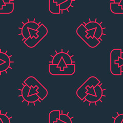 Red line Sunrise icon isolated seamless pattern on black background. Vector