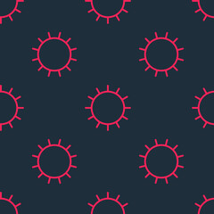 Red line Sun icon isolated seamless pattern on black background. Vector