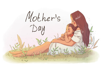 Mother's day card. The mother sits with the child on the grass.