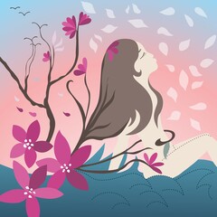 Young girl with blossoming trees - 500580483