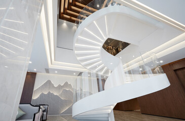 Modern Chinese style office interiors, 
bright lobby and stairs