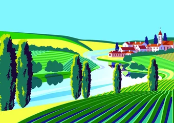 Gordijnen Romantisch landelijk landschap met wijngaarden, boerderijen, weilanden, akkers en bomen op de achtergrond. Handgemaakte tekening vectorillustratie. Plat ontwerp. © alaver
