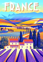 Deurstickers Rural landscape with lavender field and farm in Provence, France. Handmade drawing vector illustration. Vintage style poster. © alaver