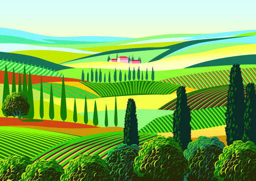 Romantic rural landscape with vineyards, farms, meadows, fields and trees in the background. Handmade drawing vector illustration in the Art Deco style. Flat design. 
