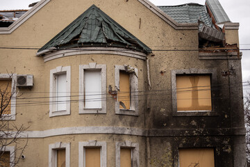 Bila Tserkva, Kyev region  Ukraine - 04.03.2022: The consequences of an airstrike, a missile attack on residential buildings in Bila Tserkva. Russian troops destroy houses, people in Ukraine.