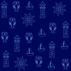 Fototapeta na wymiar Sailor and nautical pattern in blue-red style. Lighthouse, boat, compass, boat, anchor and other nautical elements