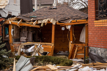 Bila Tserkva, Kyev region  Ukraine - 04.03.2022: The consequences of an airstrike, a missile attack on residential buildings in Bila Tserkva. Russian troops destroy houses, people in Ukraine.