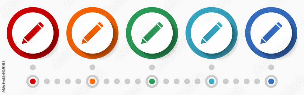 Fototapete pencil concept vector icon set, infographic template, flat design circle colorful web buttons in 5 c