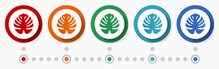 Tropical plan concept vector icon set, infographic template, flat design circle colorful web buttons in 5 color options