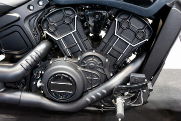 closeup awesome black engine of custom motorcycle