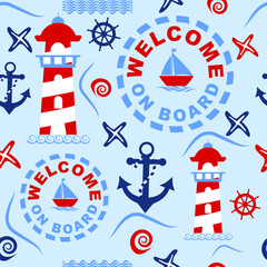 Sailor and nautical pattern in blue-red style. Lighthouse, boat, compass, boat, anchor and other nautical elements