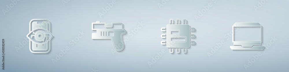 Poster set computer vision, futuristic weapon, processor cpu and laptop. paper art style. vector