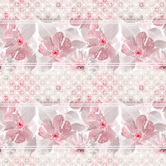 Seamless floral pattern. Lace white stripes on a background of pink flowers with a watercolor effect.
