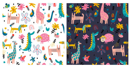Seamless vector cute colorful pattern with animals. Kids drawing with naive characters on white and blue background.