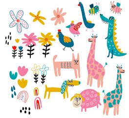 Funny and cute elements for patterns, stationery, planners, greeting cards, and posters. Vector animal set with floral elements.