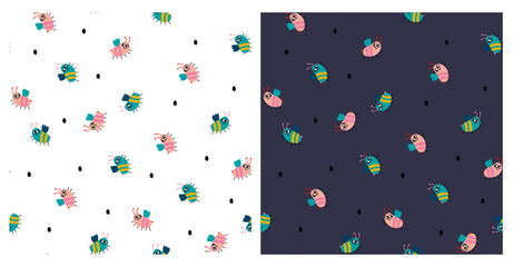 Seamless vector cute colorful pattern with bugs. Kids drawing with naive characters on white and blue background.