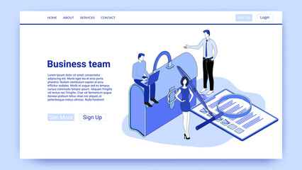 Business team.People on the background of a large portfolio and contracts are engaged in business operations.An illustration in the style of the landing page is blue.