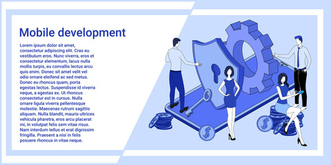 Mobile development.People are developing applications against the background of a large smartphone.Web development.An illustration in the style of the landing page is blue.