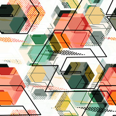 Abstract seamless geometric pattern. Green, coral, yellow shapes, black lines on a white background.
