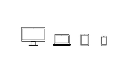 Set mobile devices outline icons isolated on a white background: laptop, pad, smartphone, computer. Home office, online education or communication concept illustration. 
