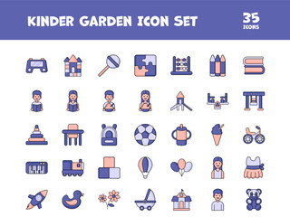 Blue And Pink Color Set Of Kindergarten Flat Icons.