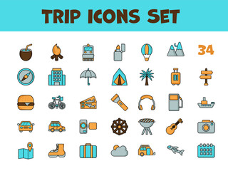 Colorful Trip Icon Set In Flat Style.