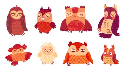 Obraz premium Cute cartoon owl and owlet. Wisdom birds funny characters. Autumn animals. Childish baby owls vector set