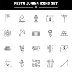 20 Festa Junina Black Stroke Icon Set.