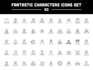 50 Fantastic Character Black Thin Line Art Icon Set