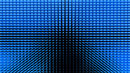 A blue abstraction with lots of small rectangular cubes. Interesting abstract background with blue cubes on a black background. 3D rendering. 3D illustration. 3D image.
