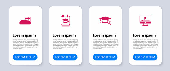 Set Online play video, Graduation cap with cursor, education and Cloud online library. Business infographic template. Vector
