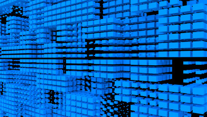 A blue wall of many cubes. Abstract background with blue cubes on a black background. 3D illustration. 3D rendering. 3D image.
