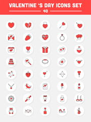 Valentine's Day Red And White Icon Set On Circle Background.