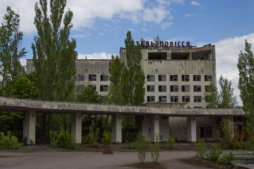 Fototapeta na wymiar PRIPYAT, UKRAINE, MAY 11, 2019: Hotel at the Ukrainian town Pripyat which was deserted after the Chernobyl